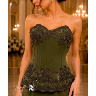Dark Olive Green Mermaid Evening Dress with Embroidered Corset and Black Beading