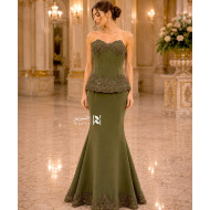 Dark Olive Green Mermaid Evening Dress with Embroidered Corset and Black Beading