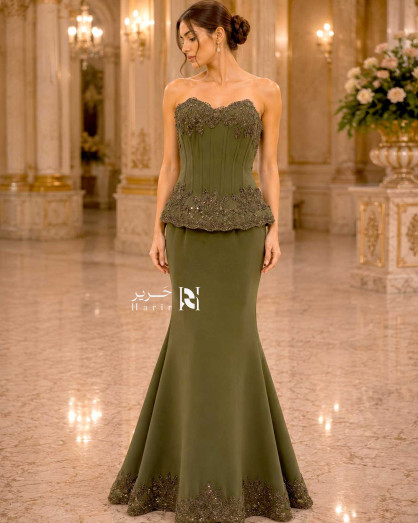 dark olive green formal dress Mermaid Evening with Embroidered Corset and Black Beading Mermaid dress Width:1 1/4