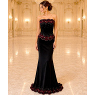 Black Satin Mermaid Evening Dress with Burgundy Floral Embroidery