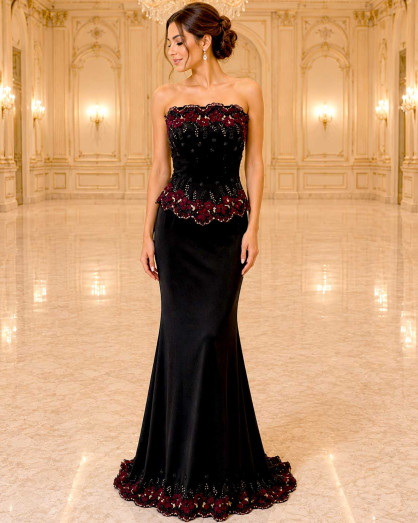 black dress with burgundy accents Satin Mermaid Evening Floral Embroidery 1 Black Mermaid Wedding