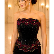 Black Satin Mermaid Evening Dress with Burgundy Floral Embroidery