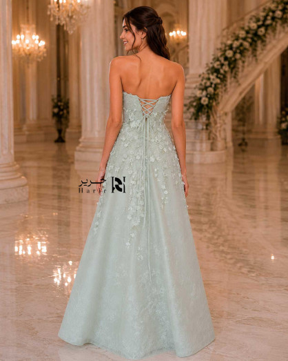 Mint Green Strapless A-Line Evening Dress with 3D Floral Appliqué and Sparkling Embroidery