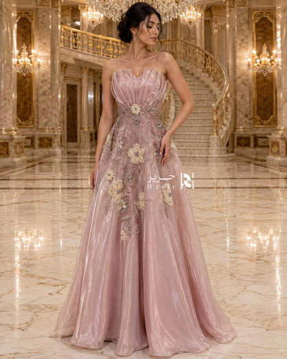 Luxury Blush Pink Strapless Evening Dress with 3D Floral Appliqué and Shimmering Organza Skirt