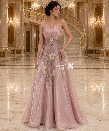 فستان سهرة وردي لامع بتصميم منفوش وقصة صدر درابيه مع تطريز ورود ثلاثية الأبعاد