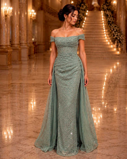 olive green off the shoulder maxi dress Luxury Off-Shoulder Evening with Beaded Embroidery and Side Tulle Cape wedding guest olive green dress