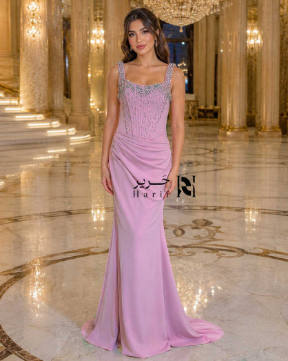 light pink mermaid bridesmaid dresses Evening Dress with Crystal Embellished Wide Straps neck Light Pink Satin