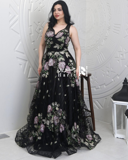 Embroidered Floral Dress in Black with Subtle Colors -