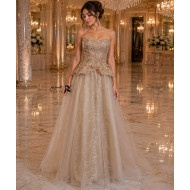 Off-White Gold Embroidered Corset Evening Dress with Lace Detail and A-Line Tulle Skirt