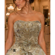 Off-White Gold Embroidered Corset Evening Dress with Lace Detail and A-Line Tulle Skirt