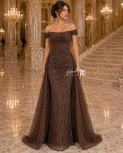 dark brown occasion dress Off-Shoulder Mermaid Evening with Embellished Side Cape chocolate brown wedding guest dress