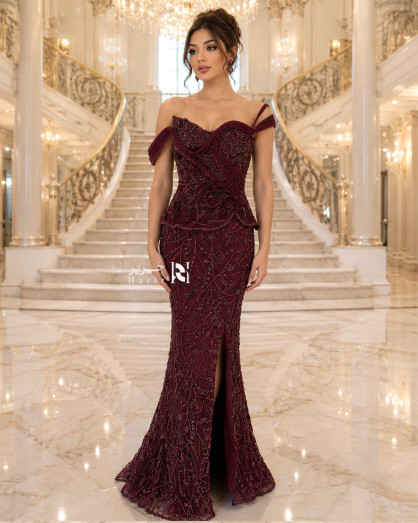 burgundy beaded dress Mermaid Evening with Off-Shoulder Bodice and Front Slit ideal for formal events. Size:20.5in / 52cm / 5XL Maxi dress house maxi dress TOP 10 BEST Prom