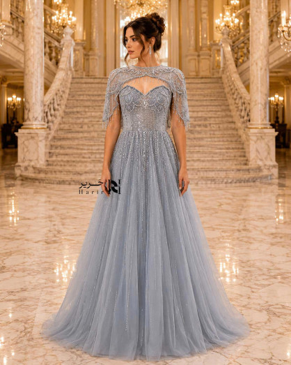 Silver Gray Embroidered A-Line Evening Dress with Crystal Cape