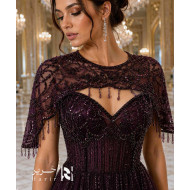 Burgundy A-Line Evening Dress with Embroidered Sheer Cape and Crystal Beading