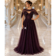 Burgundy A-Line Evening Dress with Embroidered Sheer Cape and Crystal Beading