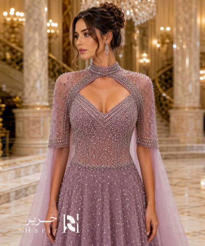 فستان سهرة موف ترابي منفوش بكاب شفاف وياقة عالية مطرز بالكريستال
