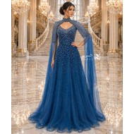 Royal Blue Crystal Embellished A-Line Evening Dress with Sheer Cape