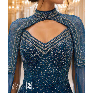 Royal Blue Crystal Embellished A-Line Evening Dress with Sheer Cape