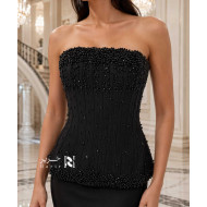 Black Evening Dress with Embellished Corset Top, Lace-Up Back and Mermaid Skirt