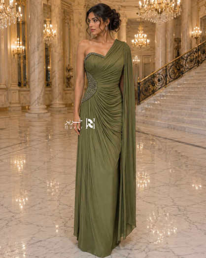 Olive Green One-Shoulder Evening Dress with Long Cape and Side Beading