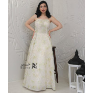 Cream Floral and Gold Leaf Embroidered Gown with Straight Neckline