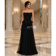 Black Beaded Corset Evening Dress with Full Tulle Skirt
