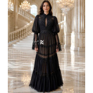 Black Sheer Lace Evening Dress with High Neck Puff Sleeves and Tiered Skirt