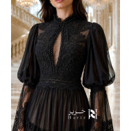 Black Sheer Lace Evening Dress with High Neck Puff Sleeves and Tiered Skirt