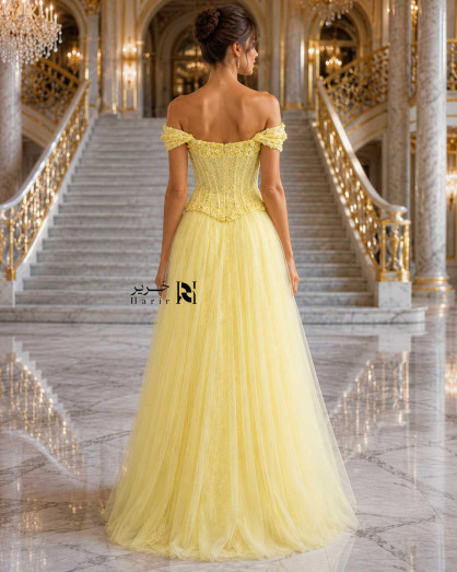 lemon formal dress Light Yellow Off Shoulder Corset Evening with 3D Floral Embroidery and Tulle Skirt lemon gown