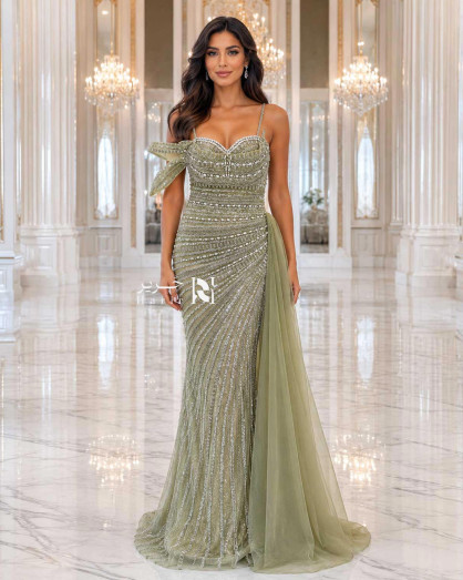 embellished green dress Olive Crystal Mermaid Evening with Side Tulle Drape SEQUIN FLORAL APPLIQUE