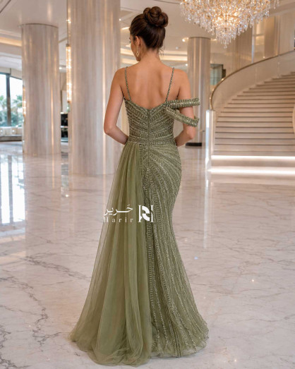 Olive Green Crystal Embellished Mermaid Evening Dress with Side Tulle Drape