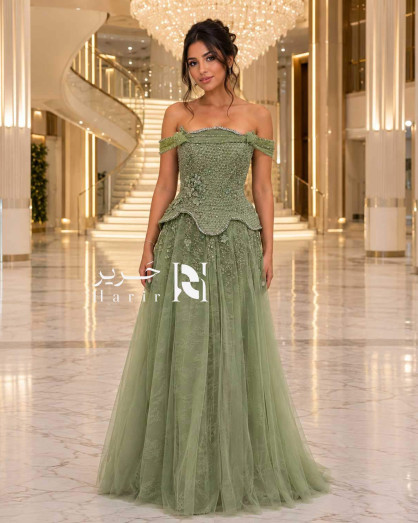 tulle sage green dress Off-Shoulder Evening with Luxury Embroidery and Skirt sage green ball gown dress