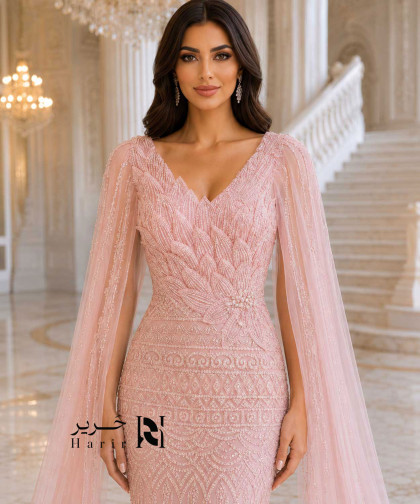 Light Pink Mermaid Evening Dress with Embroidery and Long Chiffon Cape
