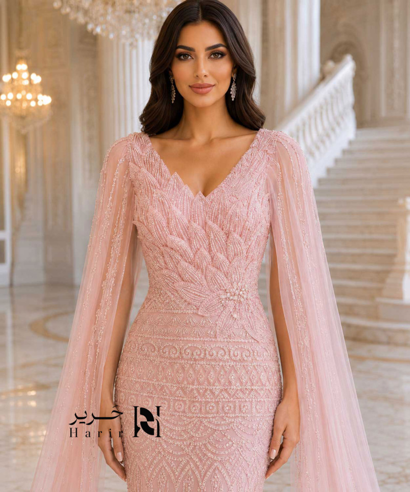 Light Pink Mermaid Evening Dress with Embroidery and Long Chiffon Cape