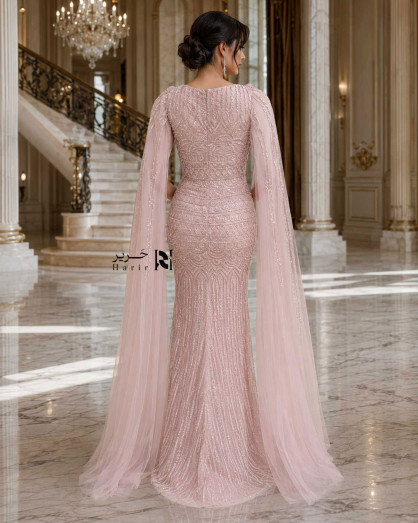 Light Pink Mermaid Evening Dress with Embroidery and Long Chiffon Cape