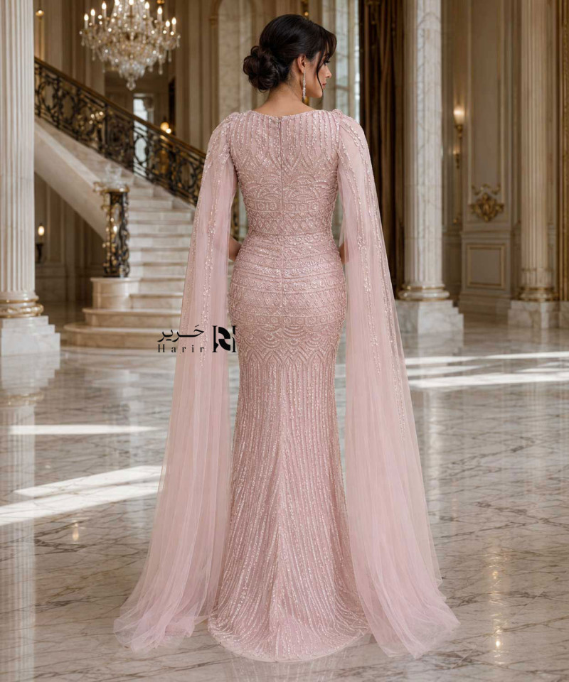 Light Pink Mermaid Evening Dress with Embroidery and Long Chiffon Cape
