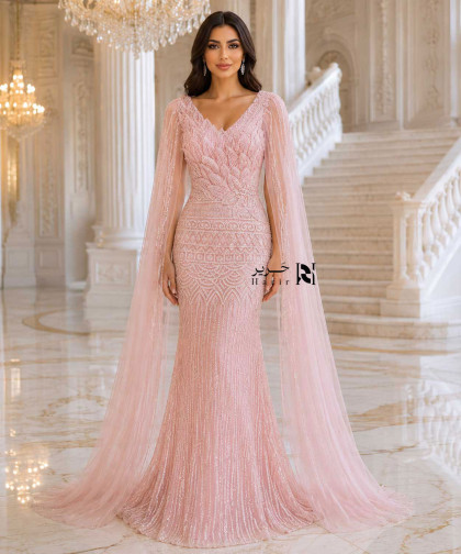 Light Pink Mermaid Evening Dress with Embroidery and Long Chiffon Cape
