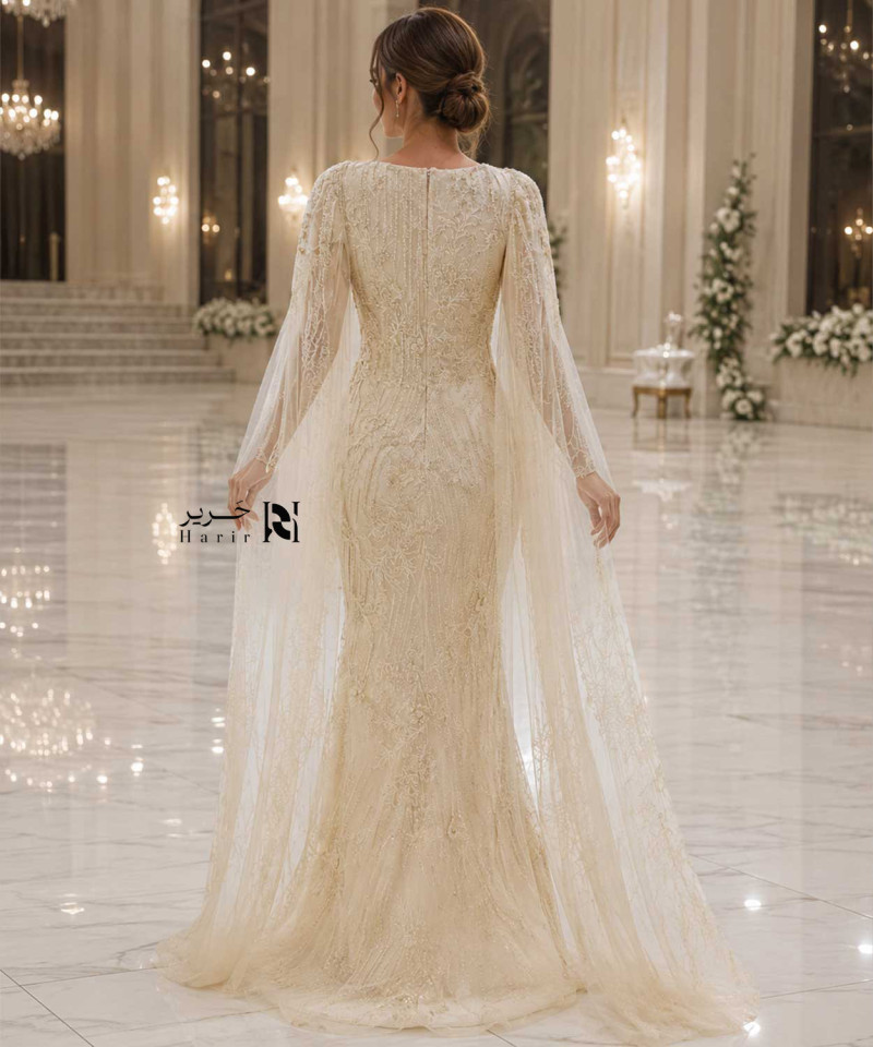 Champagne Mermaid Evening Dress with Embroidery and Long Sheer Cape