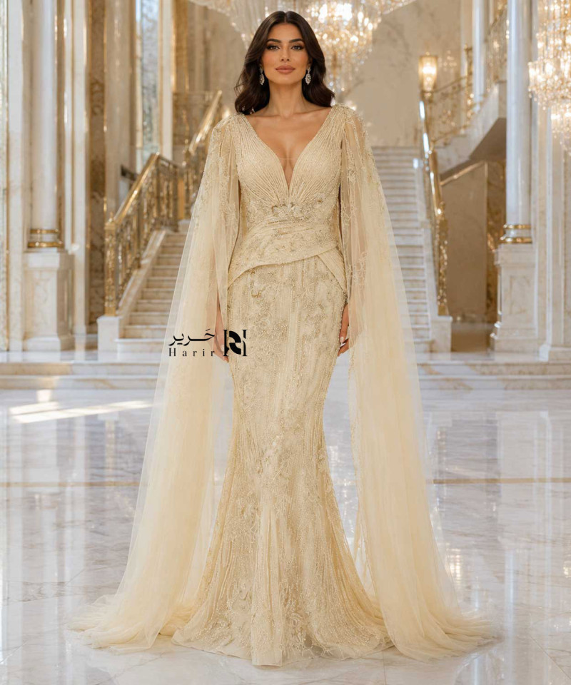 Champagne Mermaid Evening Dress with Embroidery and Long Sheer Cape