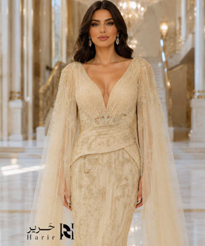 Champagne Mermaid Evening Dress with Embroidery and Long Sheer Cape