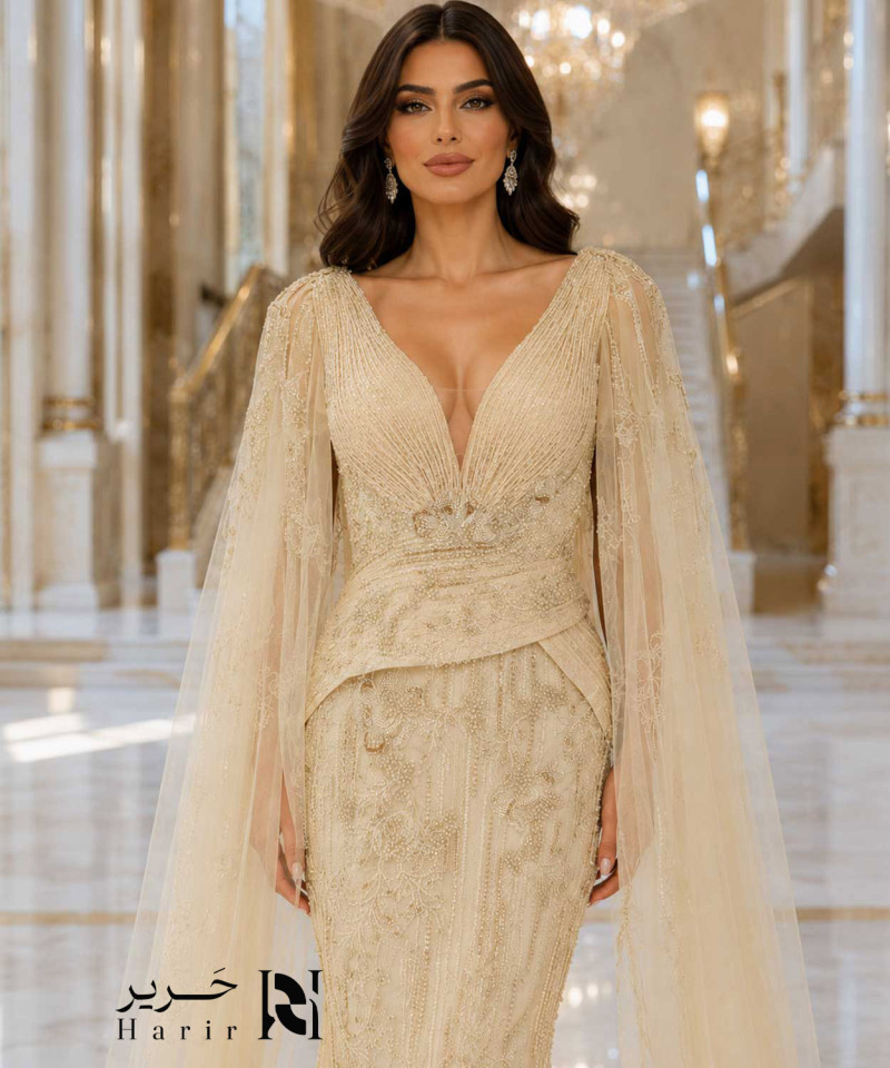 Champagne Mermaid Evening Dress with Embroidery and Long Sheer Cape