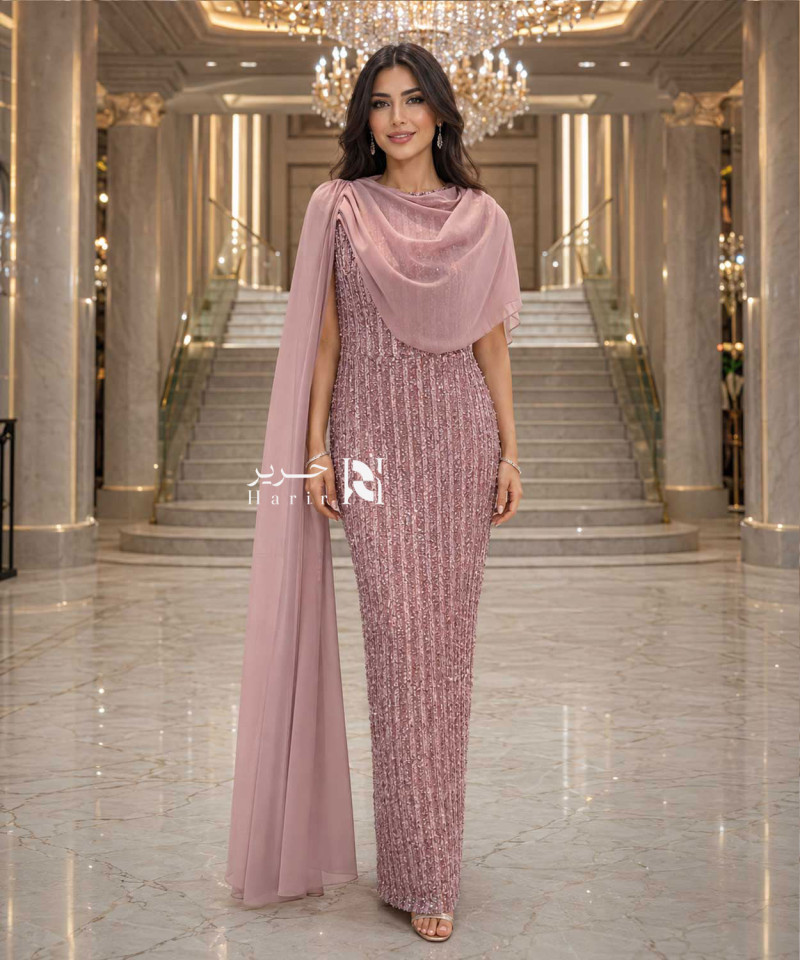 Dusty Rose Embellished Evening Dress with Long Chiffon Shawl
