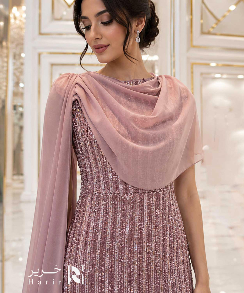 Dusty Rose Embellished Evening Dress with Long Chiffon Shawl