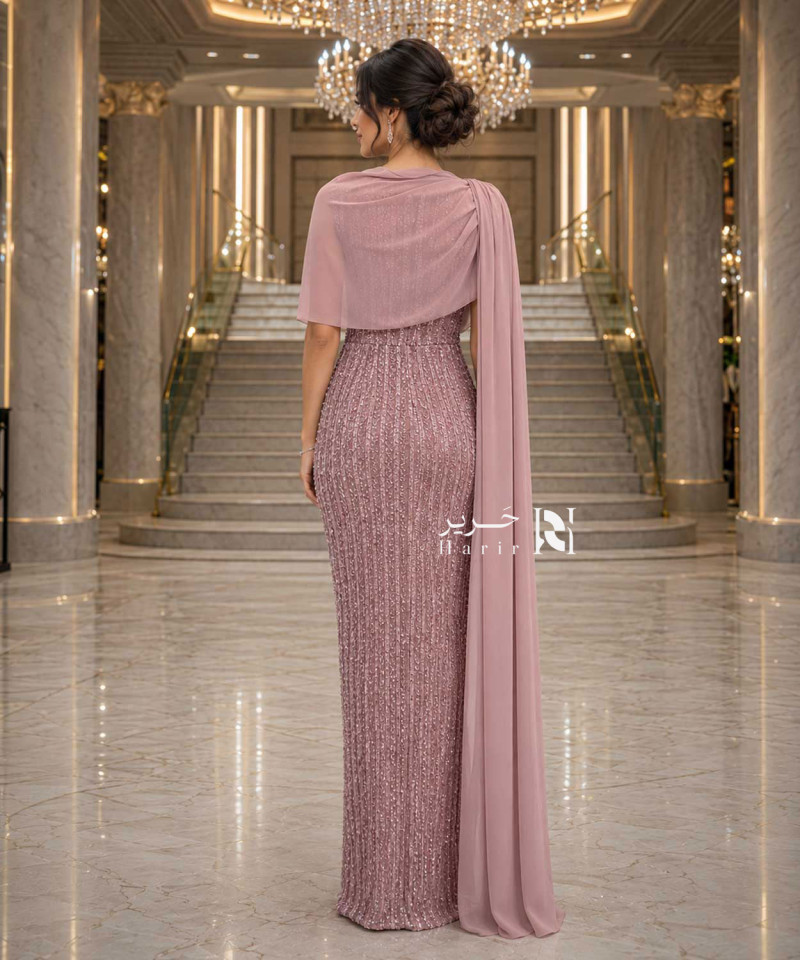Dusty Rose Embellished Evening Dress with Long Chiffon Shawl