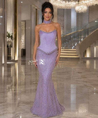 فستان سهرة لافندر بتصميم كورسيه وتطريز كريستال فاخر