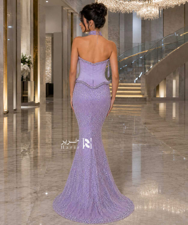 فستان سهرة لافندر بتصميم كورسيه وتطريز كريستال فاخر