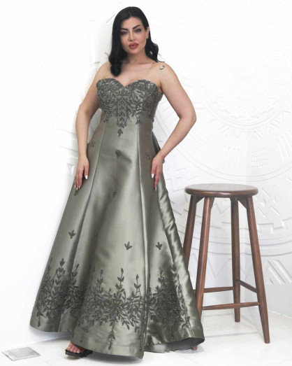 Olive Satin Dress with Sweetheart Neckline, Botanical Embroidery, and Flowy  Tail Design -