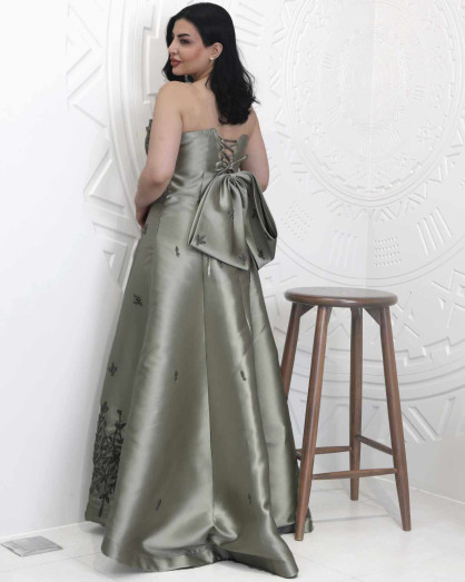 Olive Satin Dress with Sweetheart Neckline, Botanical Embroidery, and Flowy  Tail Design -