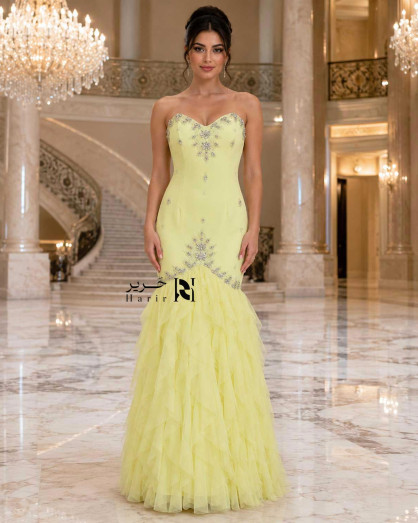 layered mermaid dress Light Yellow Evening with Crystal Embroidery and Tulle Skirt mermaid ruffle dress