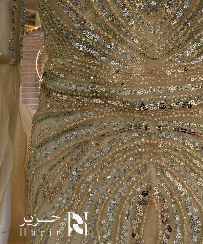 فستان سهرة شامبين بقصة حورية وتطريز لامع مع أكمام كاب تول